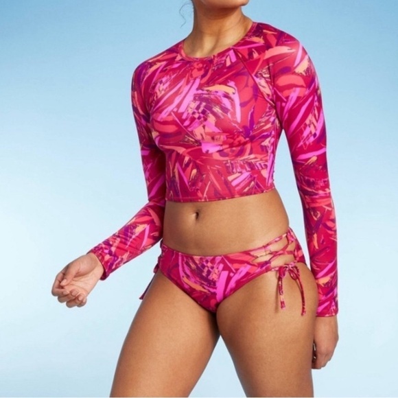 NWT All In Motion Red Pink Swim Top M UPF 50+ Spandex High Coverage Top Only - Picture 12 of 12